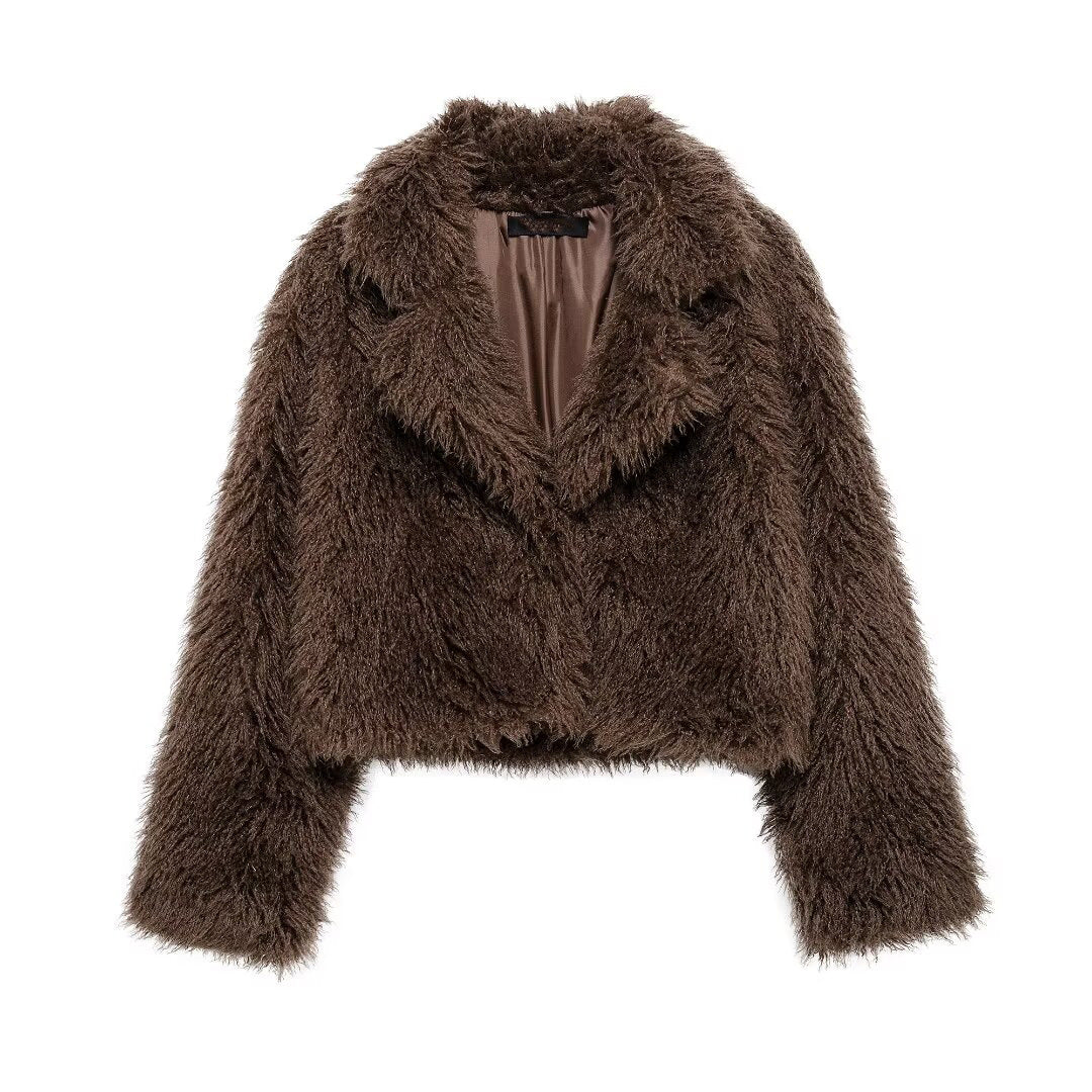 Damen Kurz geschnittene Teddy-Faux-Felljacke mit weitem Reverskragen und soften Flor Echo Archiv