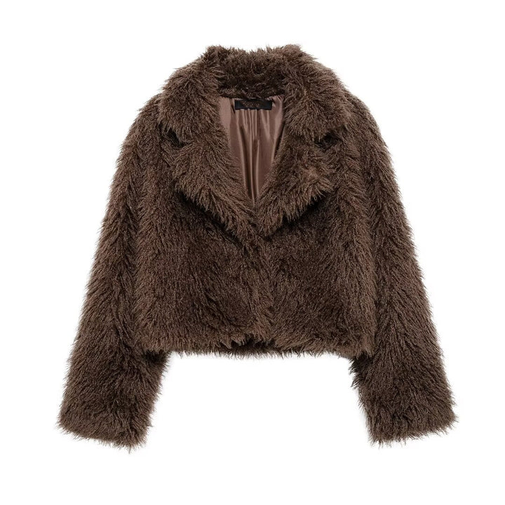 Damen Kurz geschnittene Teddy-Faux-Felljacke mit weitem Reverskragen und soften Flor Echo Archiv