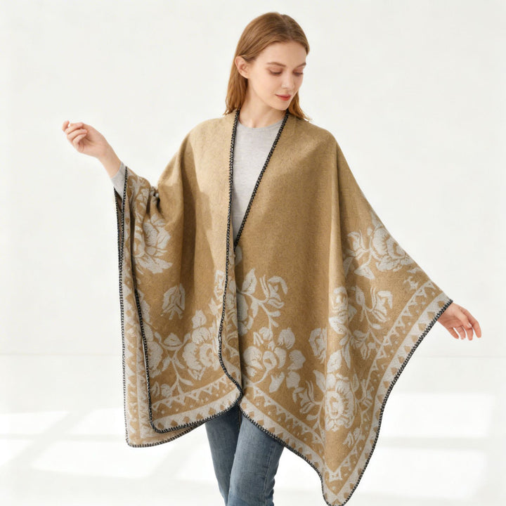 Damen Weicher Oversize-Capeponcho im Blumen-Jacquard mit kontrastierter Kettelkante Echo Archiv