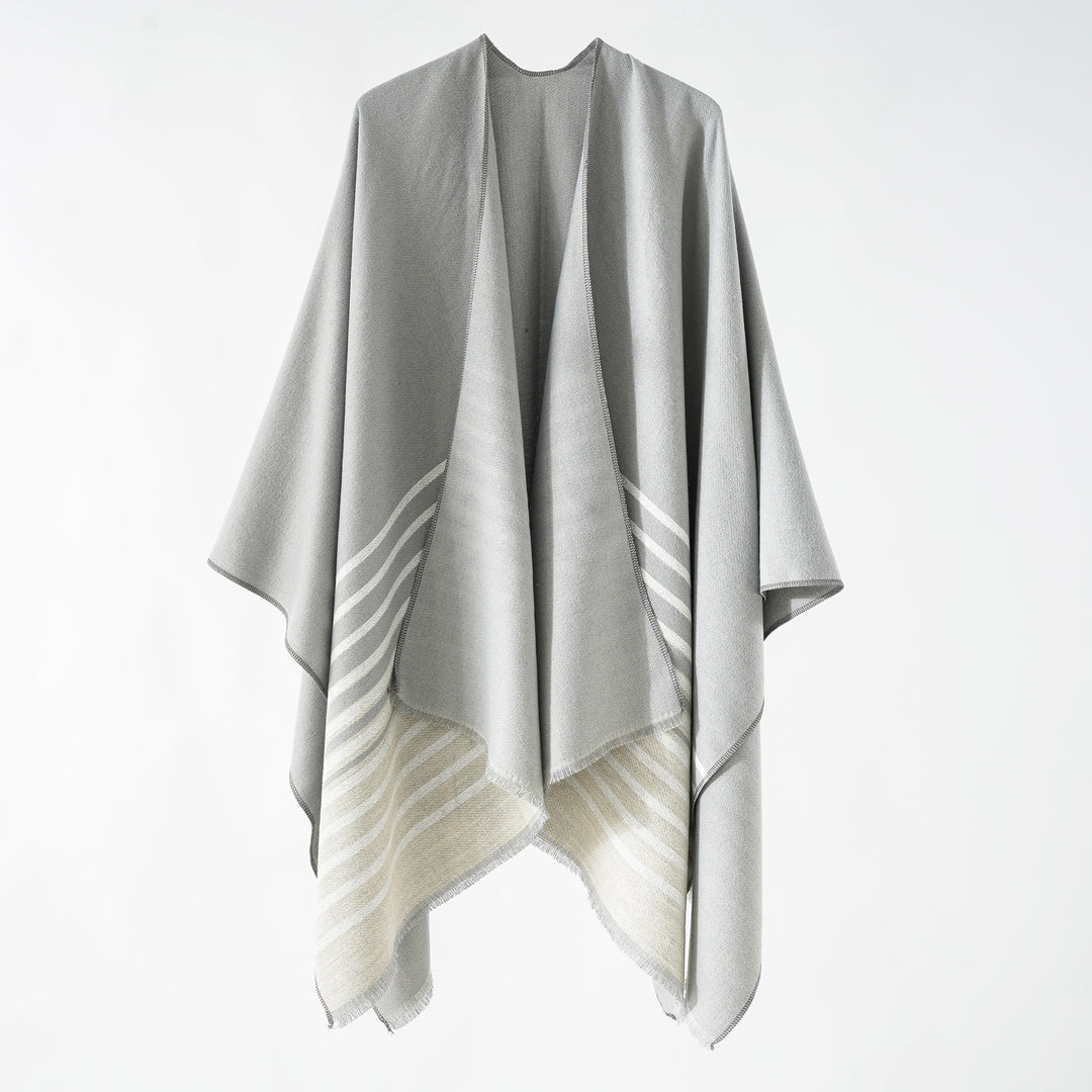 Damen Oversize-Umhangponcho im kastigen Fall mit diagonalem Streifenpanel und feinfransigem Saum Echo Archiv