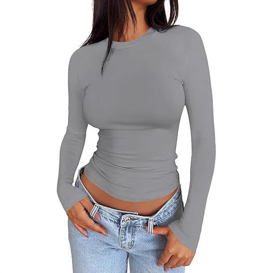 Damen Körpernahes Langarmshirt im Cropped-Look mit verlängerten Ärmeln und Daumenloch – Avérine