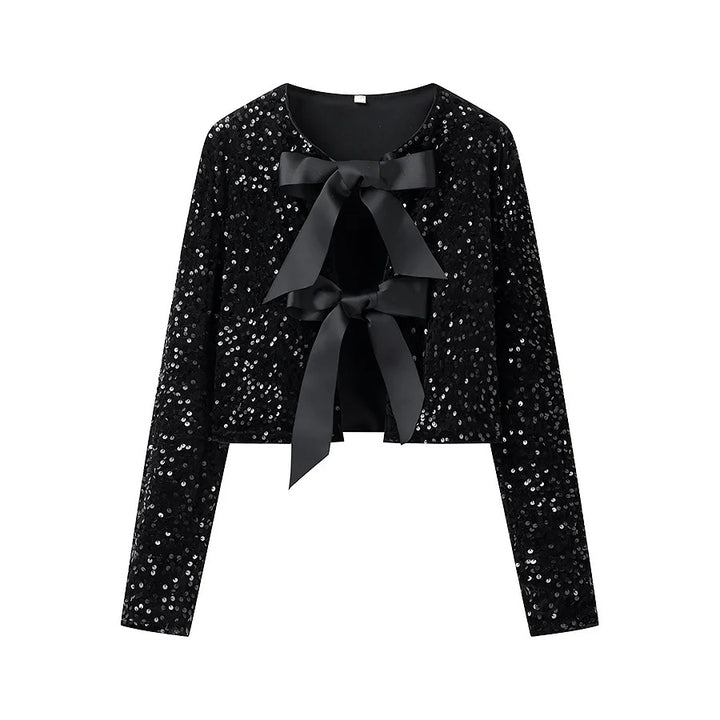 Damen kurze Pailletten-Jacke mit zweifacher Satin-Schleifenfront und Rundhalsausschnitt – Célinea