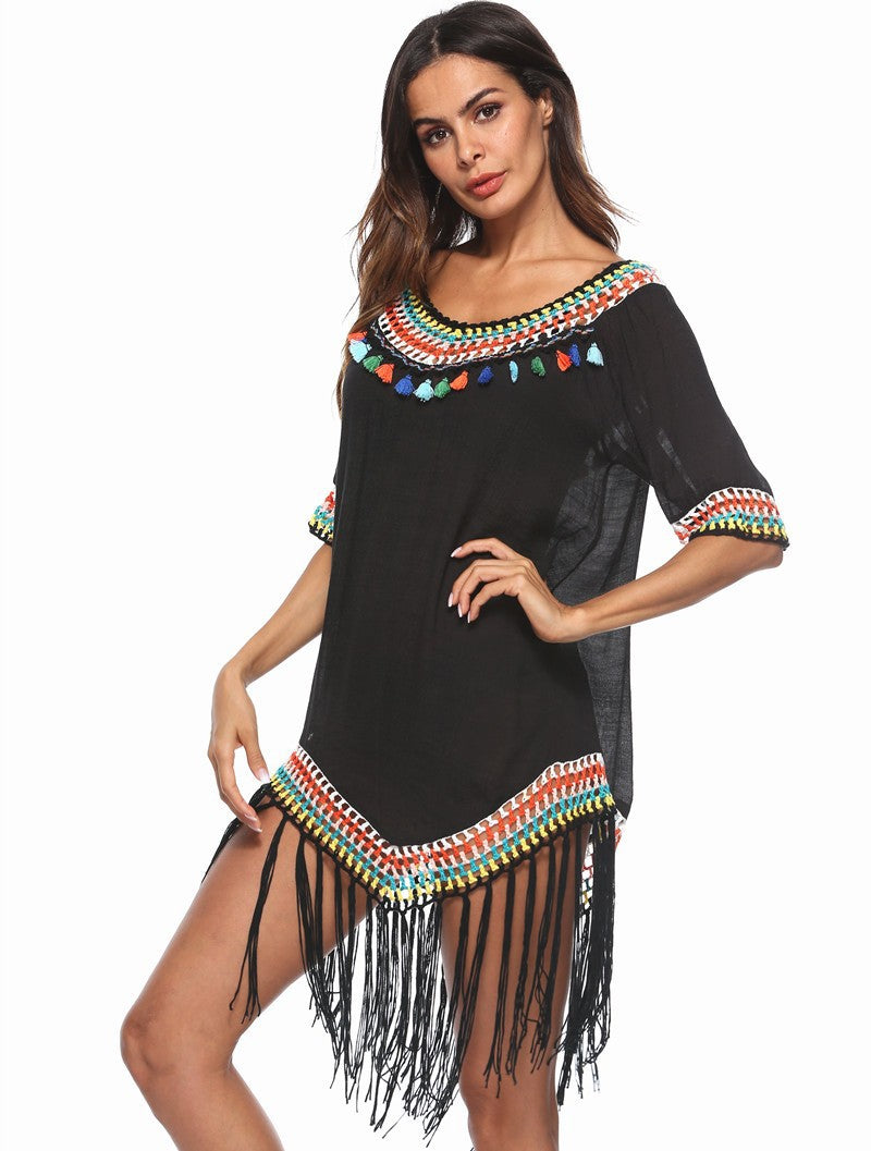 Damen Strandüberwurfkleid mit fransigem Saum und buntem Häkelmuster Echo Archiv