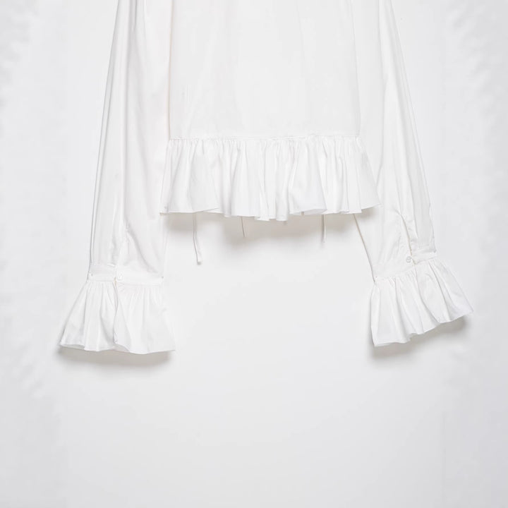 Damen Kurze geraffte Bluse mit Kordelzug, Rüschen und Ballonärmeln Echoarchiv