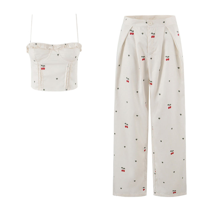Damen weite High‑Waist Hose mit Kirschenprint und Bundfalten Echo Archiv