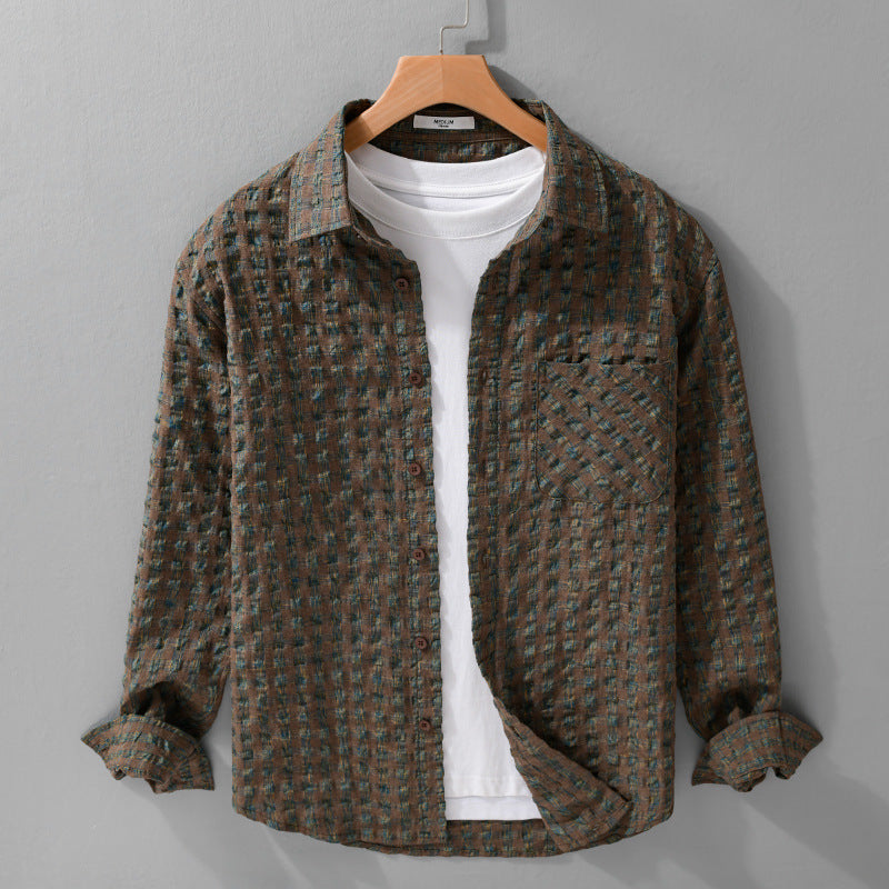 Herren Leichtes Crinkle-Karo-Overshirt aus Baumwollmix mit aufgesetzter Brusttasche Echoarchiv