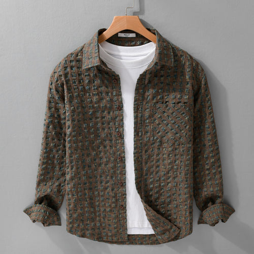 Herren Leichtes Crinkle-Karo-Overshirt aus Baumwollmix mit aufgesetzter Brusttasche Echoarchiv