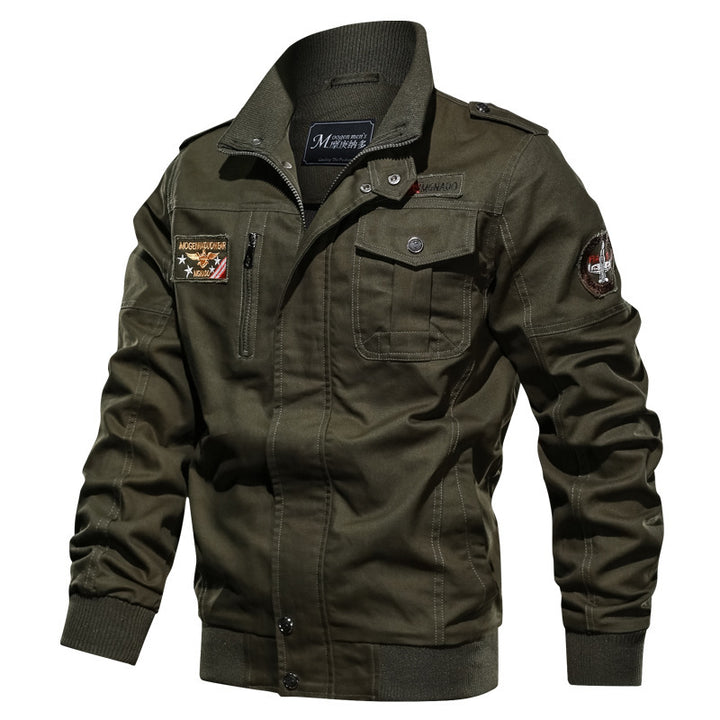 Herren Canvas‑Bomberjacke im Military‑Stil mit Schulterklappen und Pattentaschen – Brevano