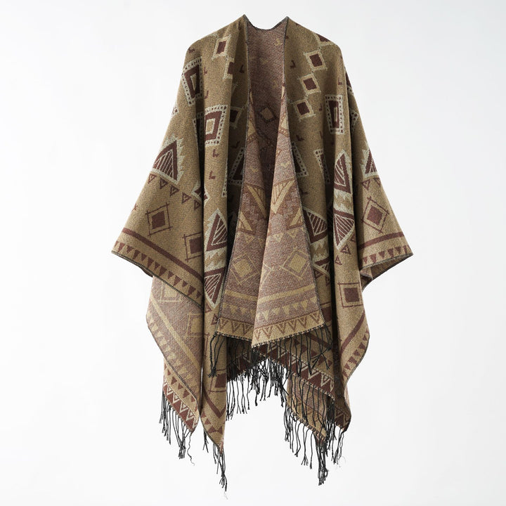 Damen Weichfallender Jacquard-Umhang im Ruana-Stil mit Fransen Echo Archiv