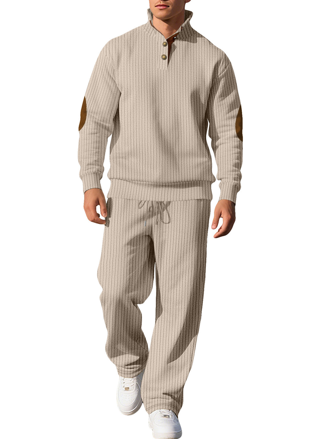 Herren feiner Rippstrickpullover mit halber Knopfleiste hohem Stehkragen und kontrastierendem Suedine-Ellbogenbesatz – Marzano