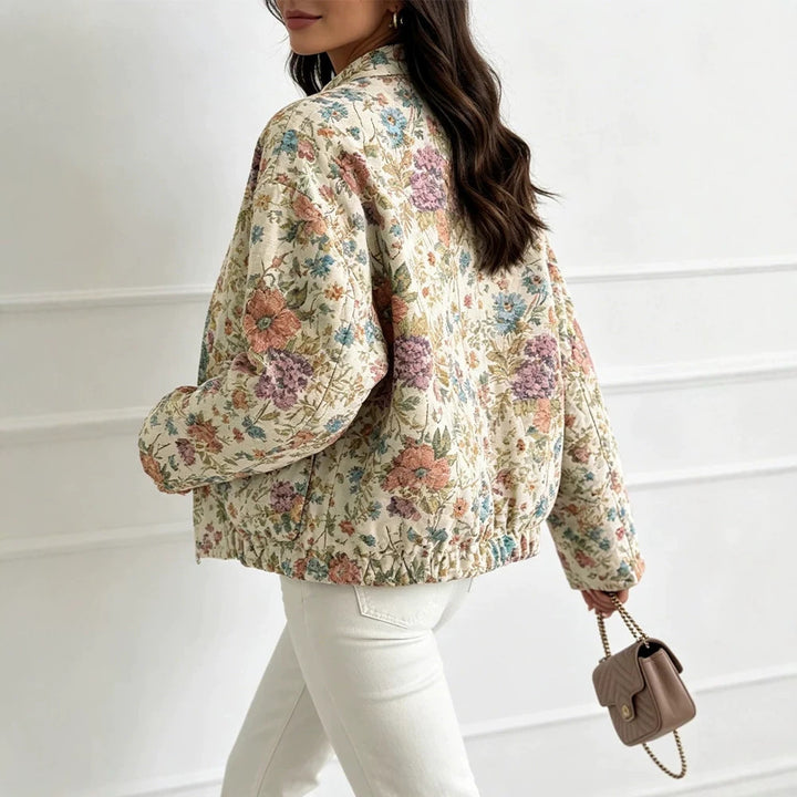 Damen Florale Jacquard-Steppjacke mit Stehkragen und elastischem Saum – Célinea