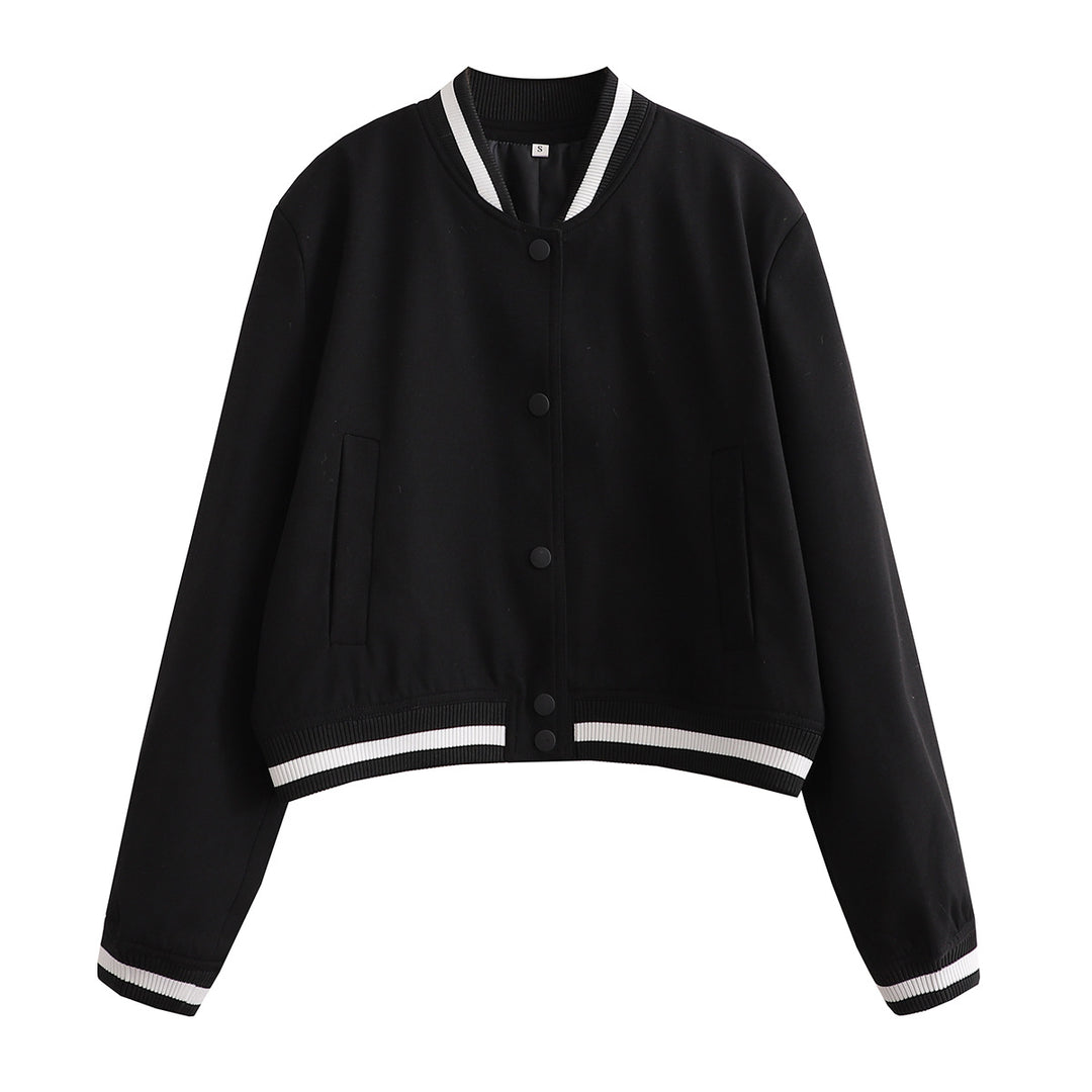 Damen Kurz geschnittene Collegejacke mit Rippbündchen und Druckknöpfen – Célinea