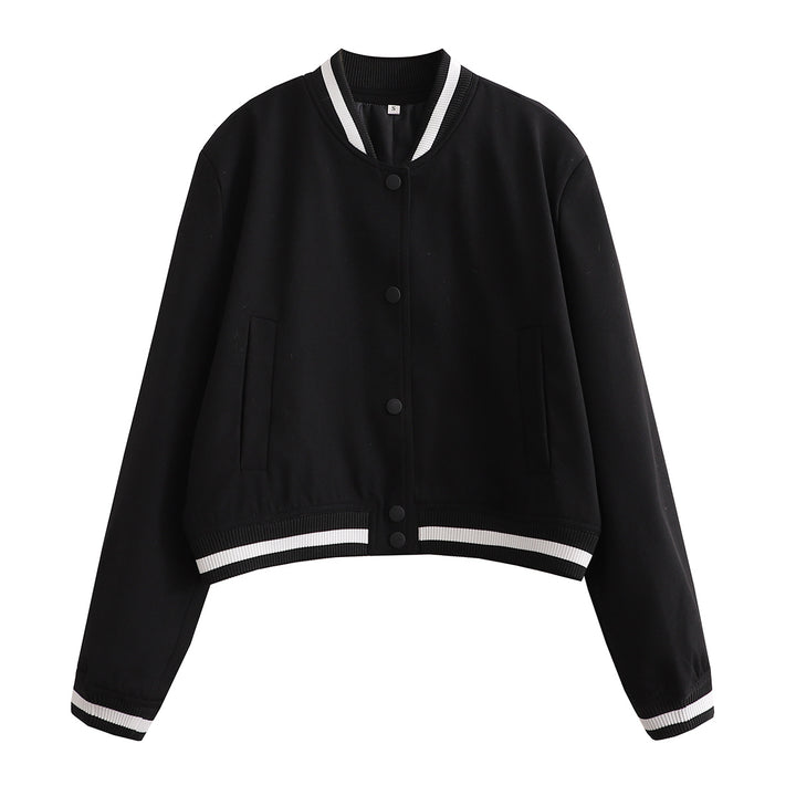 Damen Kurz geschnittene Collegejacke mit Rippbündchen und Druckknöpfen – Célinea