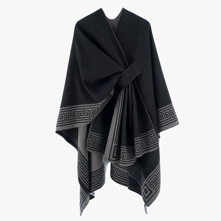 Damen Cape-Umhang aus Wollmix, reversibel mit Bindegürtel und Mäanderbordüre Echo Archiv