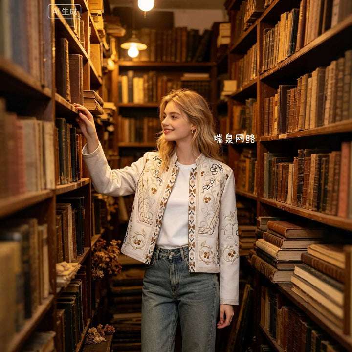 Damen Bestickte Boxy-Jacke mit Stehkragen und floraler Stickerei Echoarchiv