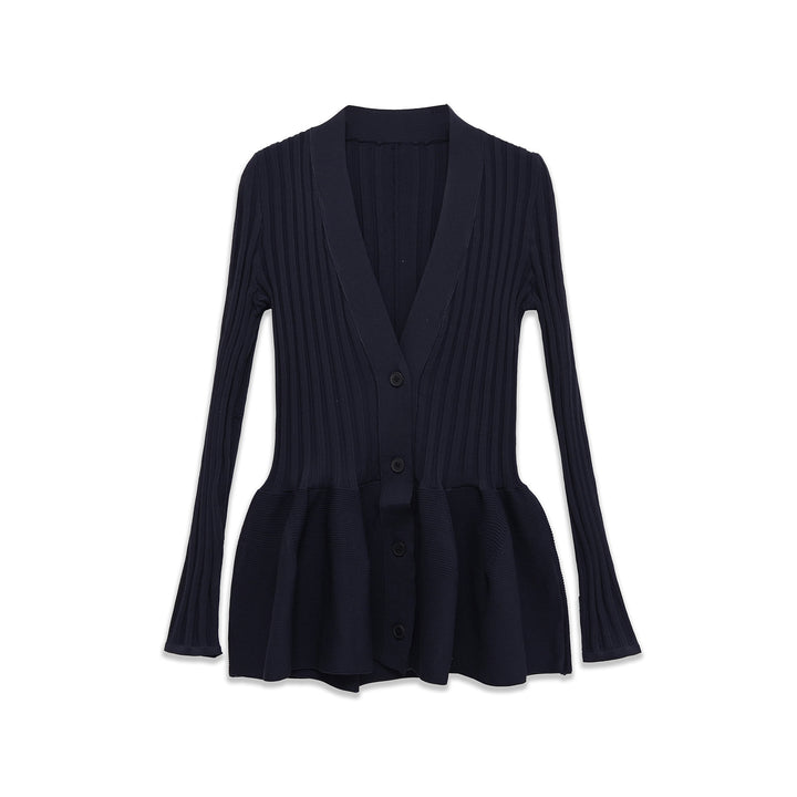 Damen gerippter Strickcardigan mit Schalkragen, tailliertem Volantsaum und Knopfleiste – Veloura