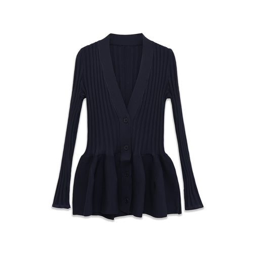 Damen gerippter Strickcardigan mit Schalkragen, tailliertem Volantsaum und Knopfleiste – Veloura