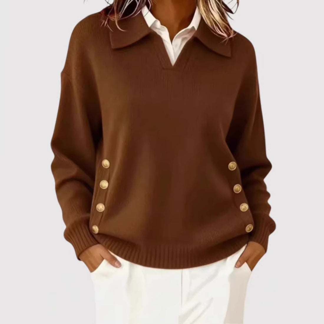 Damen Modischer Strickpullover mit Kragen und Knopfdetails – Mavelle