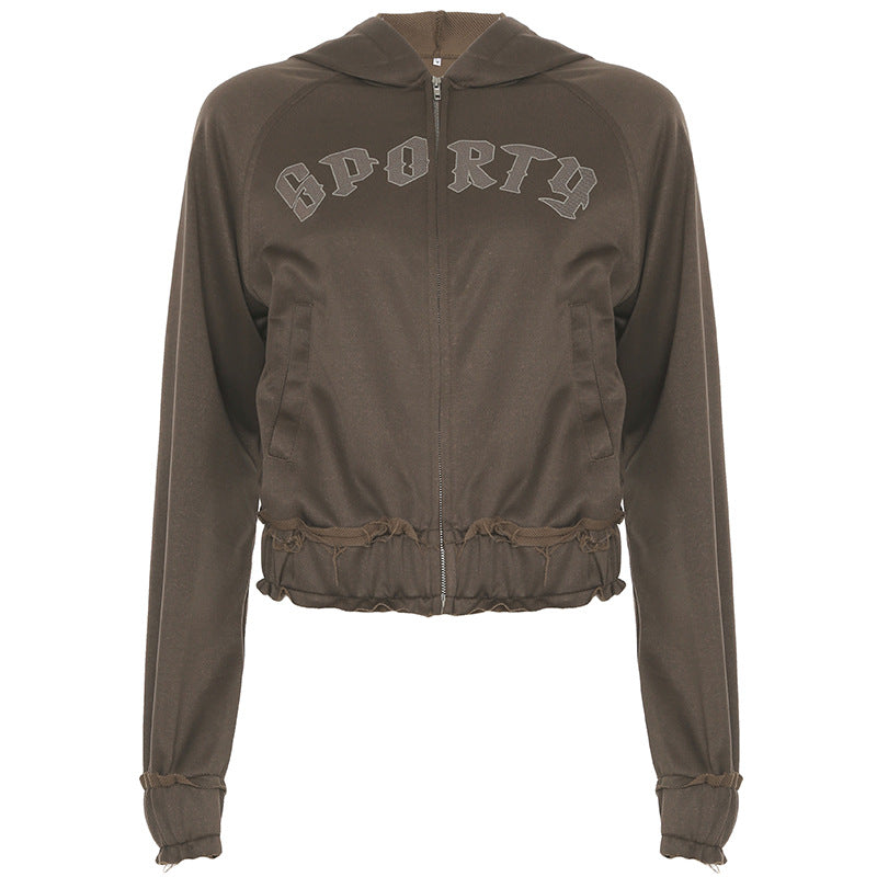 Damen nan taillierte Cropped-Kapuzenjacke mit durchgehendem Reißverschluss, elastischem Abschlussbund und dekorativem College-Print Echo Archiv