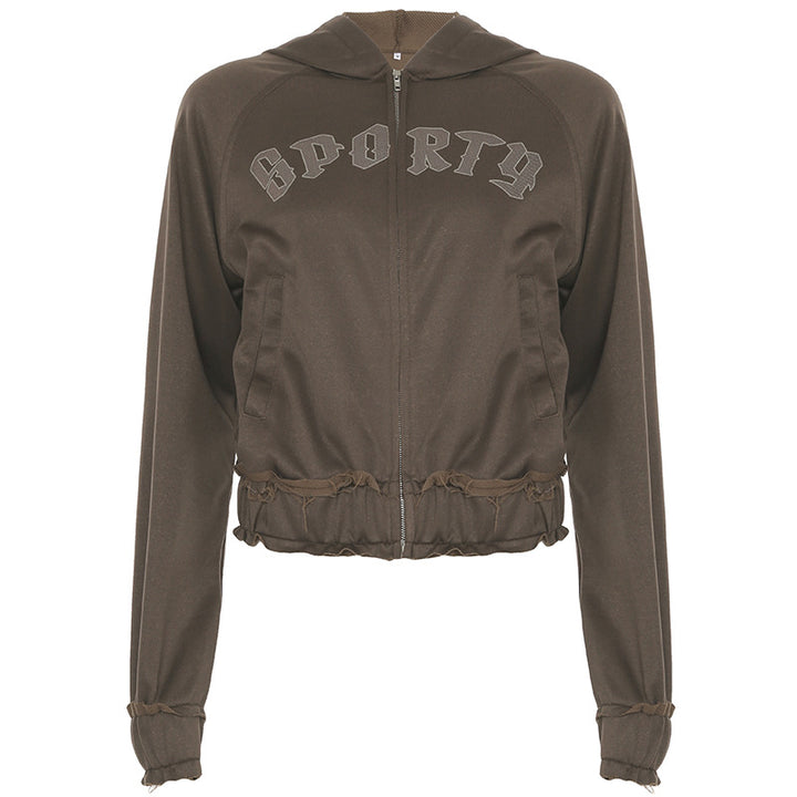 Damen nan taillierte Cropped-Kapuzenjacke mit durchgehendem Reißverschluss, elastischem Abschlussbund und dekorativem College-Print Echo Archiv