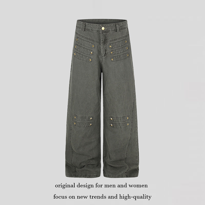 Damen Weite High‑Waist Culotte‑Jeans im Utility‑Look mit Zierlaschen und Metallnieten Echoarchiv