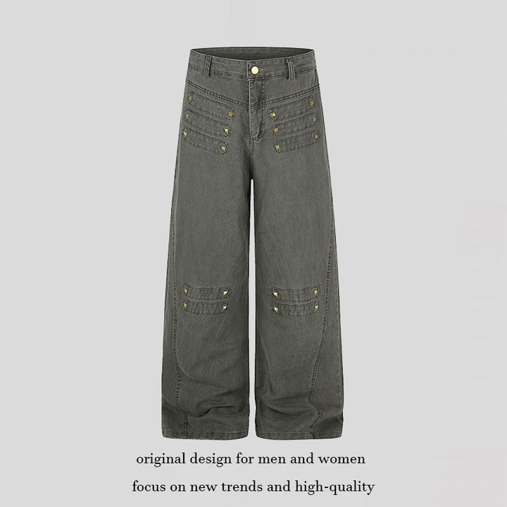 Damen Weite High‑Waist Culotte‑Jeans im Utility‑Look mit Zierlaschen und Metallnieten Echoarchiv