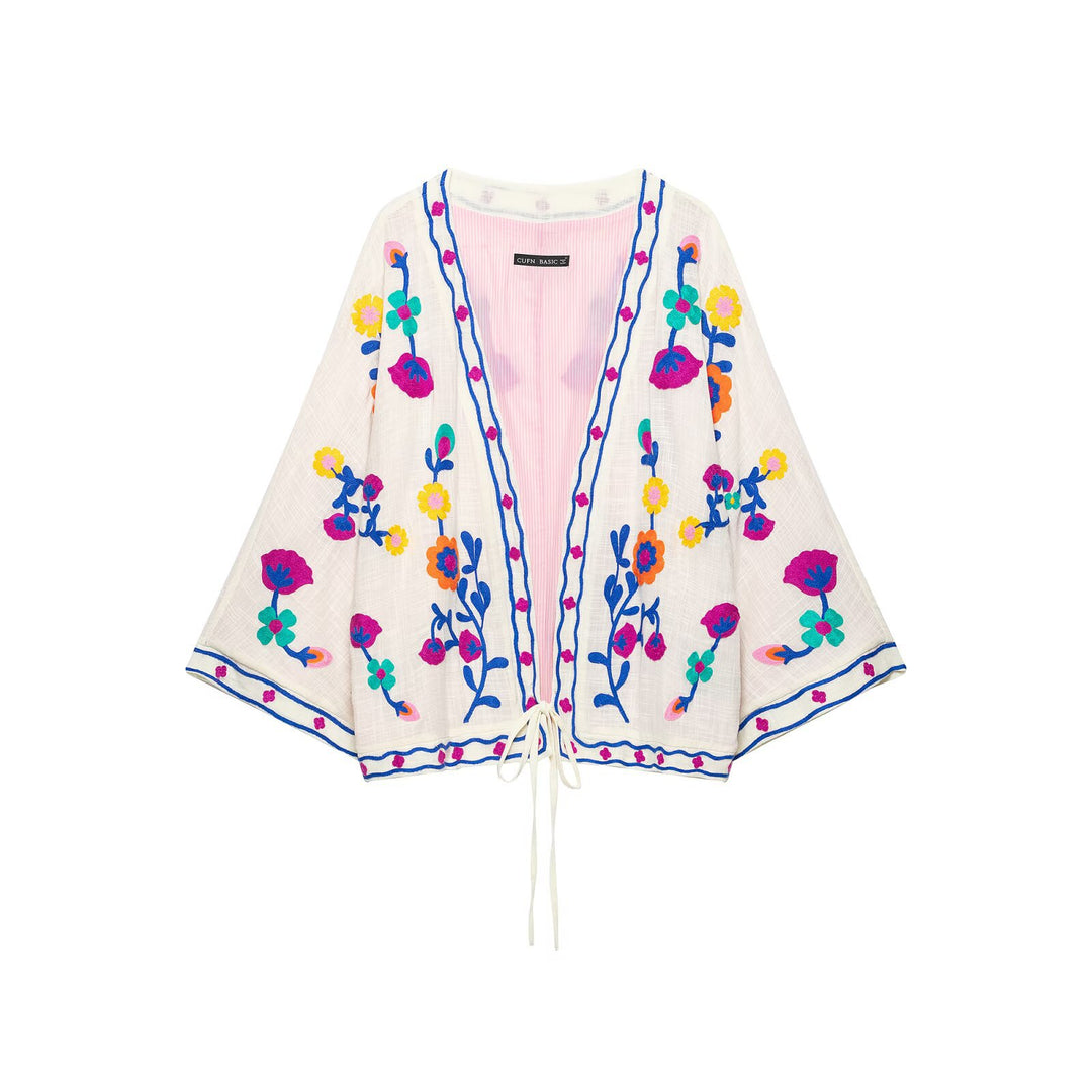 Damen Bestickter Kurz-Kimono mit floralem Stick und Bindegürtel Echo Archiv