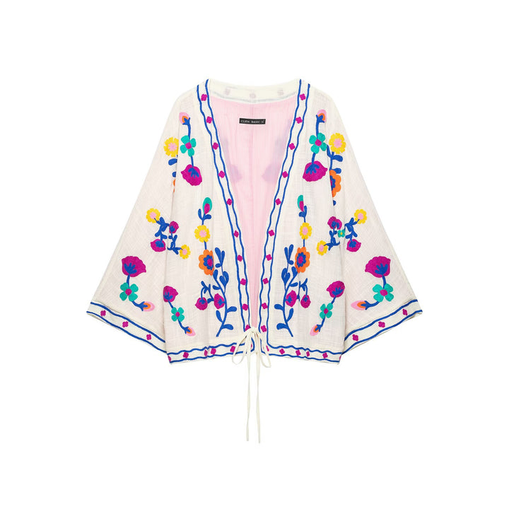 Damen Bestickter Kurz-Kimono mit floralem Stick und Bindegürtel Echo Archiv