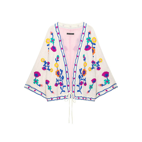 Damen Bestickter Kurz-Kimono mit floralem Stick und Bindegürtel Echo Archiv