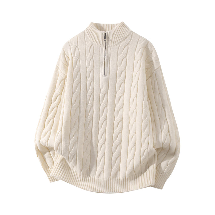 Damen Oversize Zopfmuster-Halbreißverschluss-Pullover mit Ballonärmeln und Stehkragen Echoarchiv