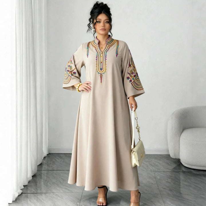 Damen Besticktes Maxikleid im Kaftan-Stil mit Stehkragen und Glockenärmeln Echoarchiv