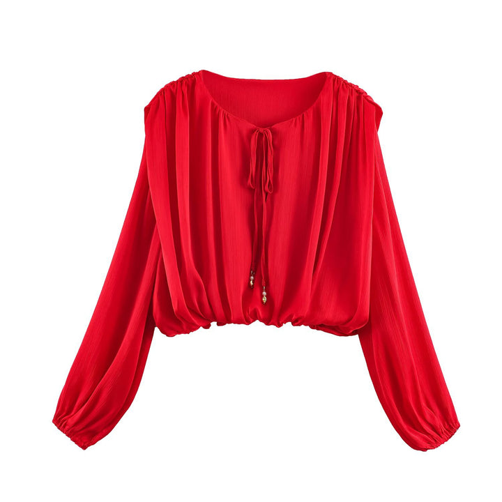 Damen nan luftige Boho Carmen-Bluse mit Kordelzug, weiten Ballonärmeln und elastischem Saum Echo Archiv