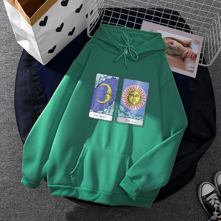 Damen leichter Oversize Kapuzenpullover mit Herz‑EKG‑Motiv, langen Kordeln und elastischem Bund – Auréline