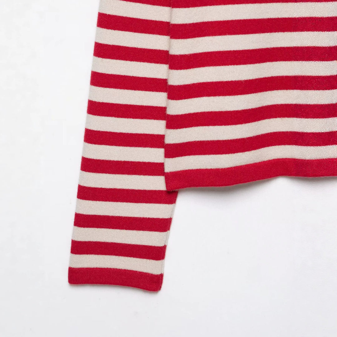 Damen Gestreifter Cropped-Strickcardigan mit Knopfleiste und Stehkragen Echoarchiv