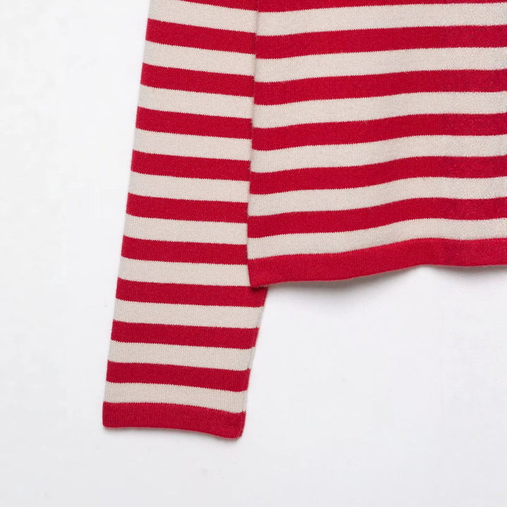 Damen Gestreifter Cropped-Strickcardigan mit Knopfleiste und Stehkragen Echoarchiv
