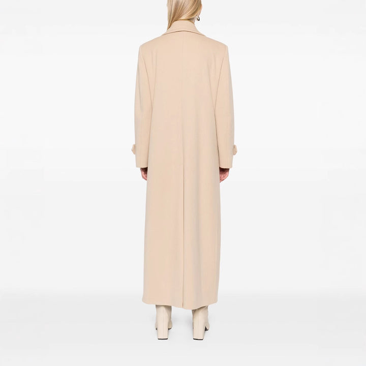 Damen Maxi-Mantel mit doppelreihiger Knopfleiste, weitem Revers und Pattentaschen Echoarchiv