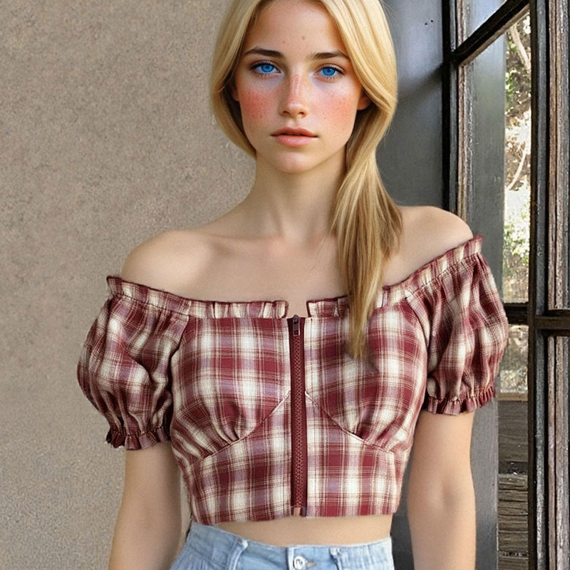 Damen Cropped Bluse mit Puffärmeln und Reißverschluss Echo Archiv