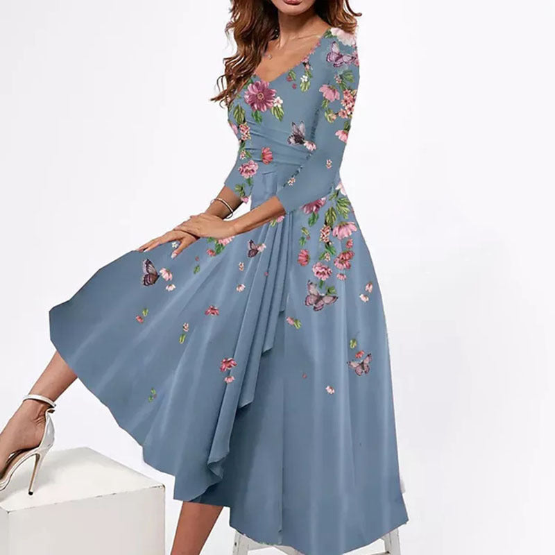 Damen Wickel-Midi-Kleid mit Blumenmuster, asymmetrischem Stufenschnitt und tailliertem Bindegürtel – Élara