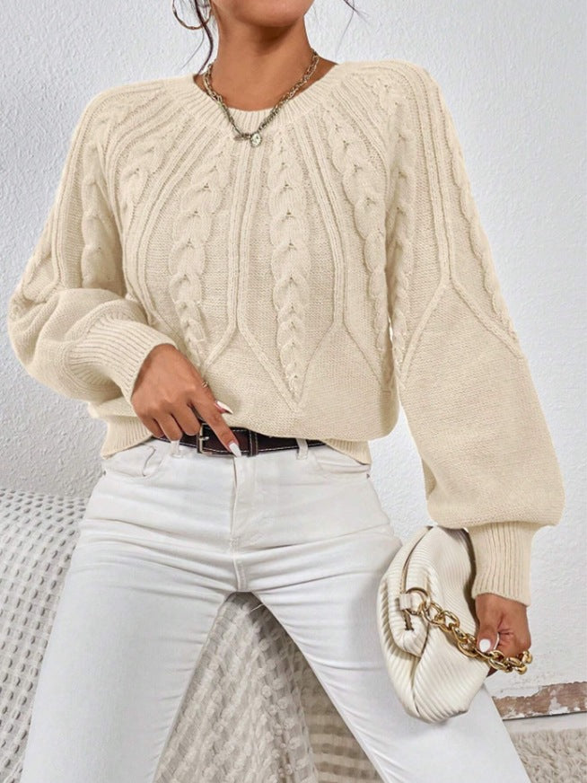 Damen nan kurzer Zopfmuster-Strickpullover mit Ballonärmeln und geripptem Saum Echo Archiv