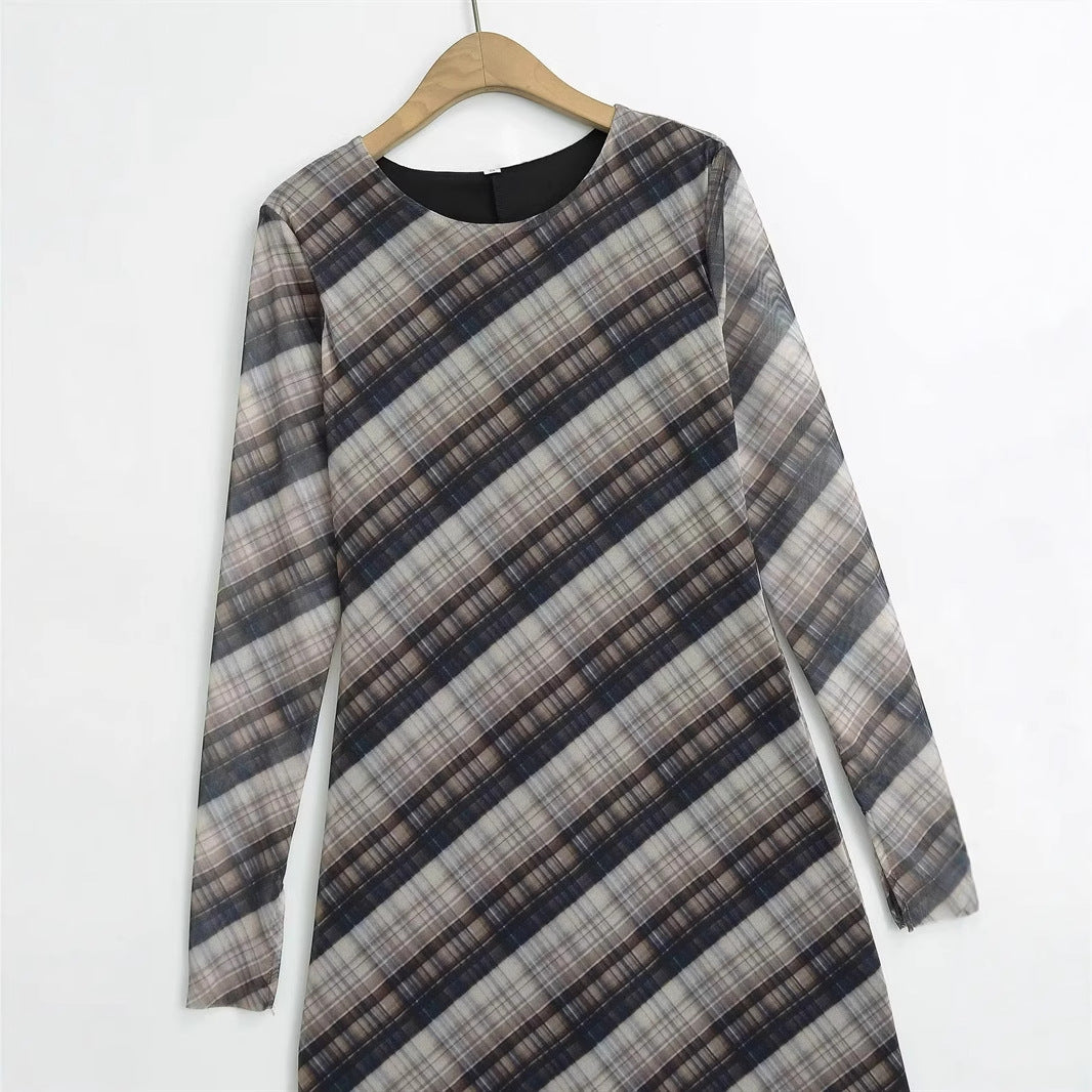 Damen nan langes Maxikleid mit diagonalem Karomuster, Rundhalsausschnitt und langem Ärmel Echo Archiv