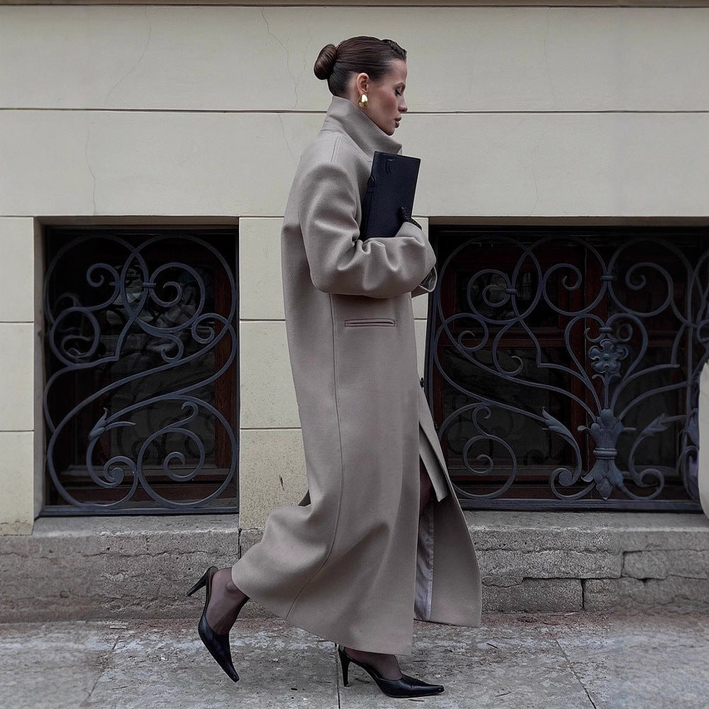 Damen Maxilanger Clean-Cut Wollmixmantel mit übergroßem Revers und gerader Silhouette Echoarchiv
