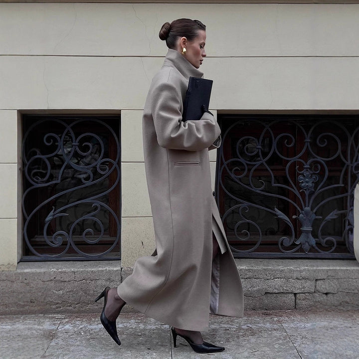 Damen Maxilanger Clean-Cut Wollmixmantel mit übergroßem Revers und gerader Silhouette Echoarchiv