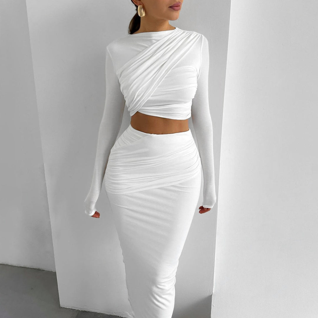 Damen Elegantes Wickeloberteil und Maxi-Rock Set mit langen Ärmeln und figurbetonter Silhouette Echo Archiv