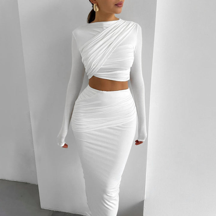 Damen Elegantes Wickeloberteil und Maxi-Rock Set mit langen Ärmeln und figurbetonter Silhouette Echo Archiv