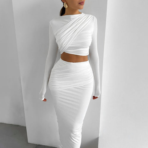 Damen Elegantes Wickeloberteil und Maxi-Rock Set mit langen Ärmeln und figurbetonter Silhouette Echo Archiv