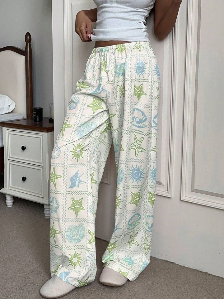 Damen Weite Loungehose mit elastischem Bund und Muschelprint – Avérine