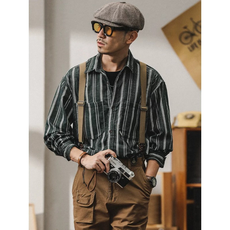 Herren Gestreiftes Overshirt-Hemd aus Baumwoll-Leinen mit Brusttaschen Echoarchiv