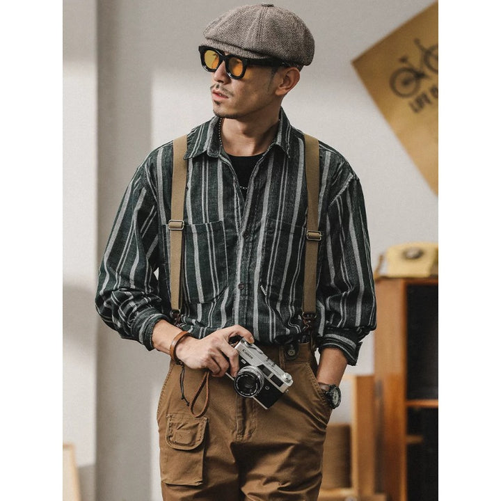 Herren Gestreiftes Overshirt-Hemd aus Baumwoll-Leinen mit Brusttaschen Echoarchiv