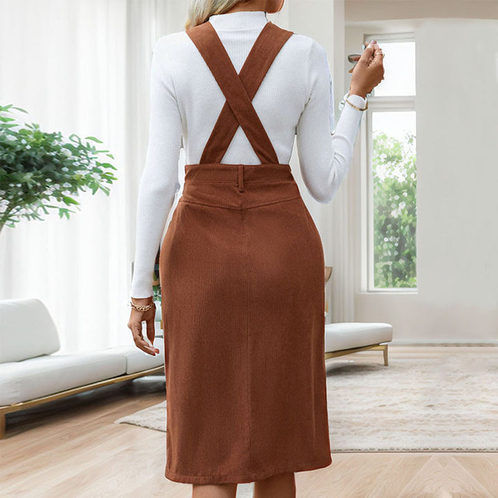 Damen Träger-Midikleid mit tiefem V‑Ausschnitt, tailliertem Bund und Frontschlitz Echoarchiv