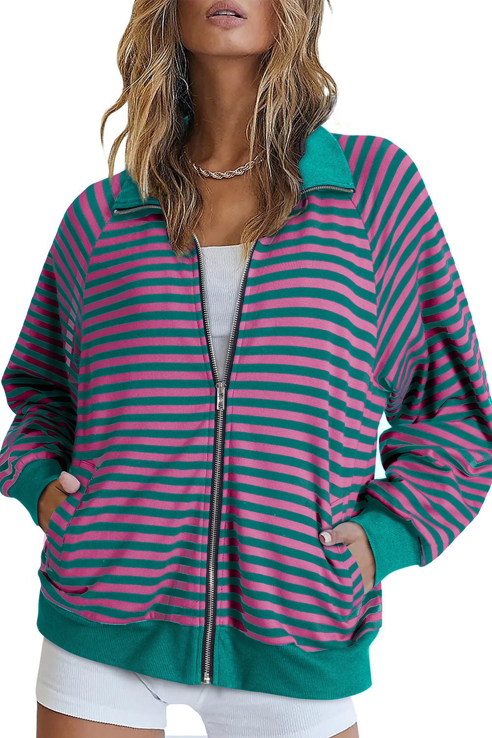 Damen Gestreifte Zip‑Jacke mit Reißverschluss, Raglanärmeln und Rippbündchen Echo Archiv